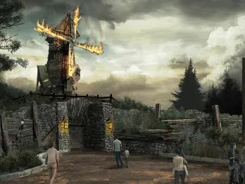 Concept art of the exterior of a bar located underneath a burning windmill
