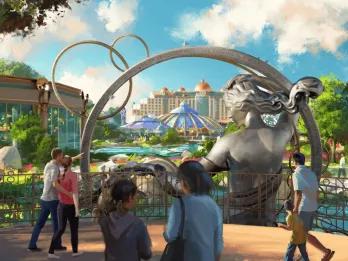 Concept art of a colour park with fountains and water