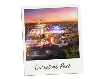 Celestial Park in Epic Universe A polaroid labelled Celestial Park with a picture of a galaxy themed rollercoaster