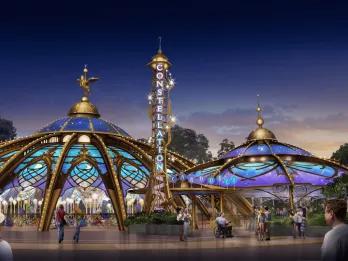 Concept art of a galactic themed carousel in a theme park at night