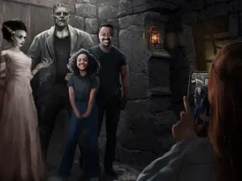 Concept art of a family meeting Frankenstein's Monster and the Bride of Frankenstein