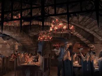 Concept art of people dining in a dark vampire themed restaurant