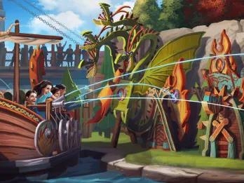 Concept art of people on a Viking boat shooting water at wooden targets 