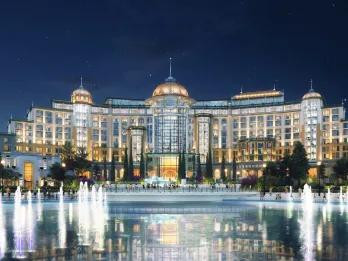 Concept art of the exterior of the Helios Grand Hotel at Universal Epic Universe