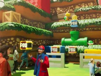 Interactive Key Challenges Concept art of people interacting with POW blocks in SUPER NINTENDO WORLD