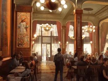 Concept art of the interior of a French Harry Potter-themed restaurant