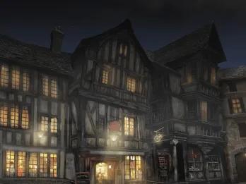 Concept art of a old fashioned pub in a dark street