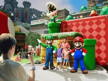 Concept art of a family meeting Mario and Luigi in Super Nintendo World