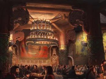 Concept art of a large Viking dining hall