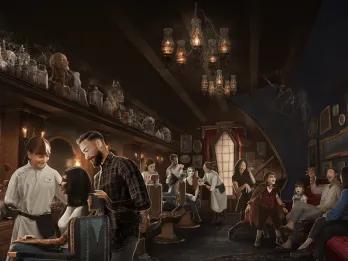 Concept art of people in a barbershop style location getting monster makeovers