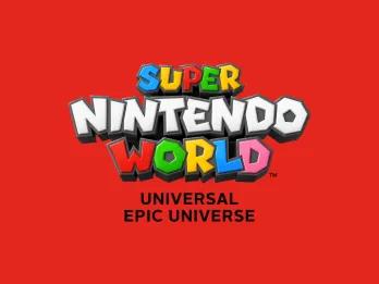 The Super Nintendo World logo on a bright red background