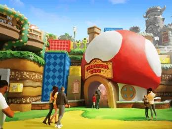 Concept art of Toadstool Cafe designed to look like a giant cartoon toadstool
