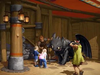 Concept art of a family meeting Toothless from How To Train Your Dragon