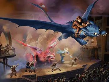 Concept art of a How To Train Your Dragon stage show featuring Hiccup riding Toothless