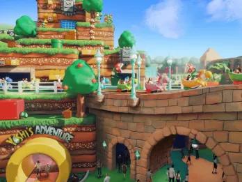 Concept art of people riding an attraction on Yoshi shaped ride vehicles