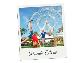Orlando Extras and Excursions A polaroid picture of a family in front of the Orlando Eye labelled Orlando Extras