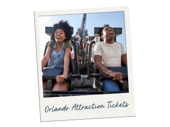 A polaroid picture of two people on a rollercoaster labelled Orlando Attraction Tickets