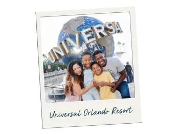 Universal Orlando Resort A polaroid image of a family standing in front of the Universal globe labelled Universal Orlando Resort