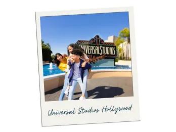Universal Studios Hollywood A polaroid image of 3 people posing in front of the Universal Studios Hollywood sign labelled Universal Studios Hollywood