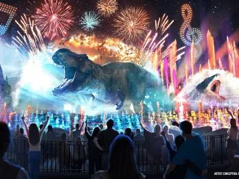 CineSational: A Symphonic Spectacular Artist concept of show full of drones in the sky creating movie scenes, large projection of t-rex and jaws, fireworks going off beside Hogwarts castle and fountains shooting from lake.