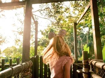 Swiss Family Treehouse A young girl walking through a wooden tree house