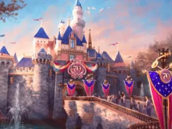 Konzeptgrafik des rosafarbenen und blauen Schlosses, das mit leuchtend rosafarbenen und blauen Dekorationen geschmückt ist und in dessen Mitte ein riesiges Medaillon mit der Zahl 70 zu sehen ist.