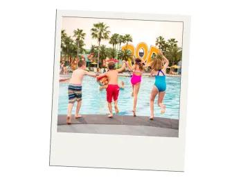 Budget accommodation at Walt Disney World A polaroid of four children jumping into a swimming pool
