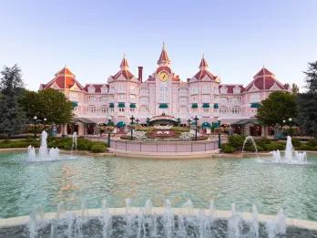 Disneyland Hotel Looking over a large fountain towards the exterior of the Disneyland Hotel