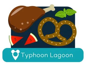 Cartoon turkey leg and pretzel above a location label for Typhoon Lagoon