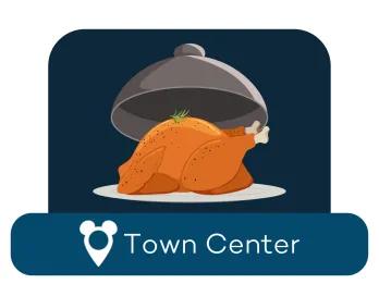 Cartoon roast chicken on a serving dish above a location label for Town Center