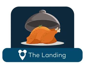 Cartoon roast chicken on a serving dish above a location label for The Landing