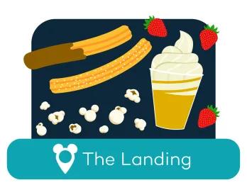 Cartoon churros, popcorn and ice cream above a location label for The Landing