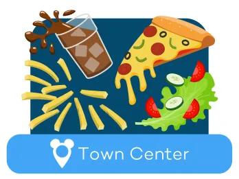 Cartoon pizza, soda, fries and salad above a location label for Town Center