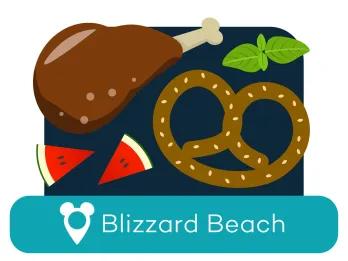 Cartoon turkey leg, pretzel, and watermelon above a location label for Blizzard Beach