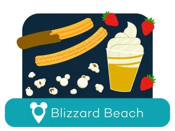 Cartoon churros, popcorn, and ice cream above a location label for Blizzard Beach