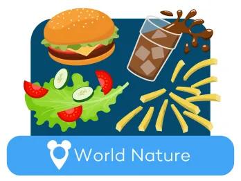 Cartoon burger, fries, salad and soda above a location label for World Nature