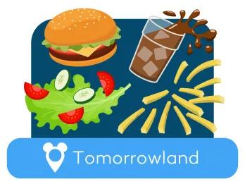 Cartoon Burger, Pommes, Salat und Getränke über einem Ortsschild für Tomorrowland