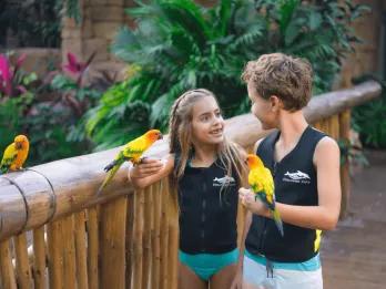 Animal Encounters Two young children holding parrots in their hands