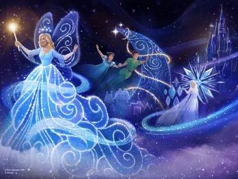 Disney Starlight Concept art for a Disney nighttime parade starring Peter Pan, Elsa and the Blue Fairy