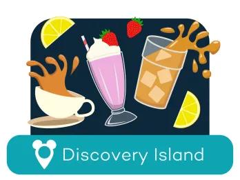 Cartoon drinks cups above a location label for Discovery Island