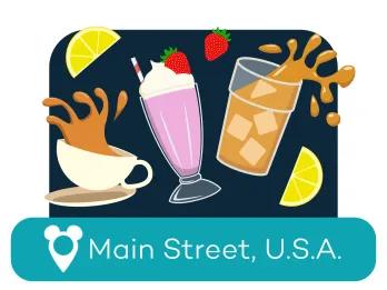 Cartoon coffee, soda and milkshake above a location label for Main Street USA