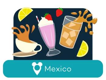 Cartoon drinks cups above a location label for Mexico