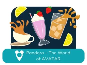 Cartoon drinks cups above a location label for Pandora - The World of Avatar