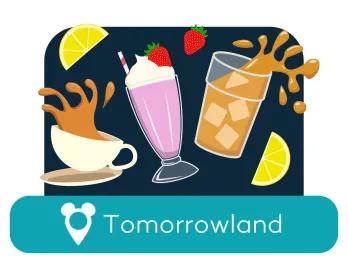 Cartoon Kaffee und Milchshakes über einem Ortsschild für Tomorrowland