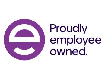Proudly employee owned logo with a purple circle and e in the middle