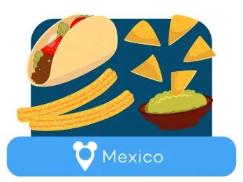 Cartoon Mexican food above a location label for Mexico