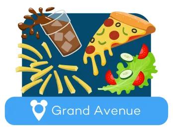 Cartoon pizza, soda, fries and salad above a location label for Grand Avenue