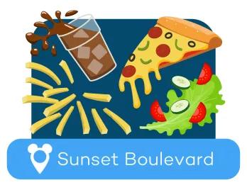 Cartoon pizza, soda, fries and salad above a location label for Sunset Boulevard