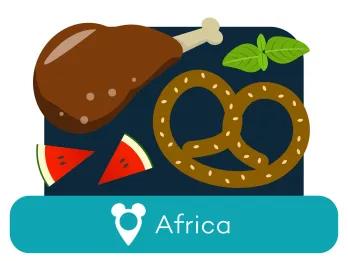 Cartoon turkey leg and pretzel above a location label for Africa