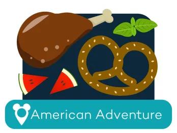 Cartoon pretzel and turkey leg above a location label for the American Adventure